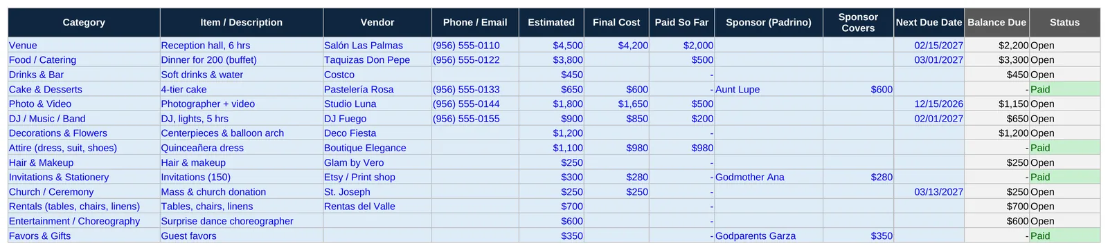 Event Budget Planner: Vendor payments with due-date alerts